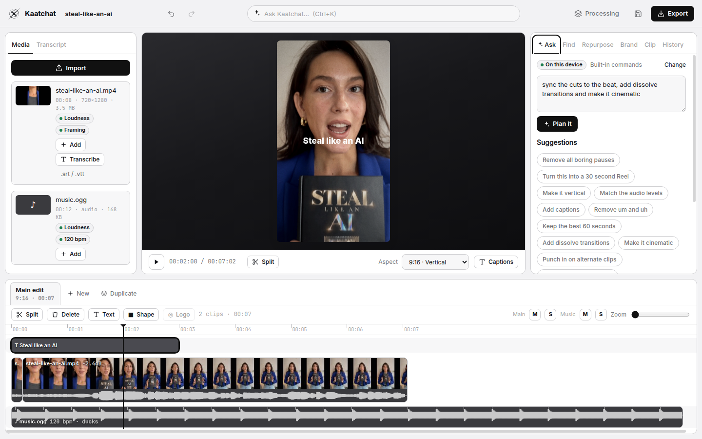 The Kaatchat editor: a vertical 9:16 edit of a talking-head clip with a title layer, two clips and a music track with its beat grid.