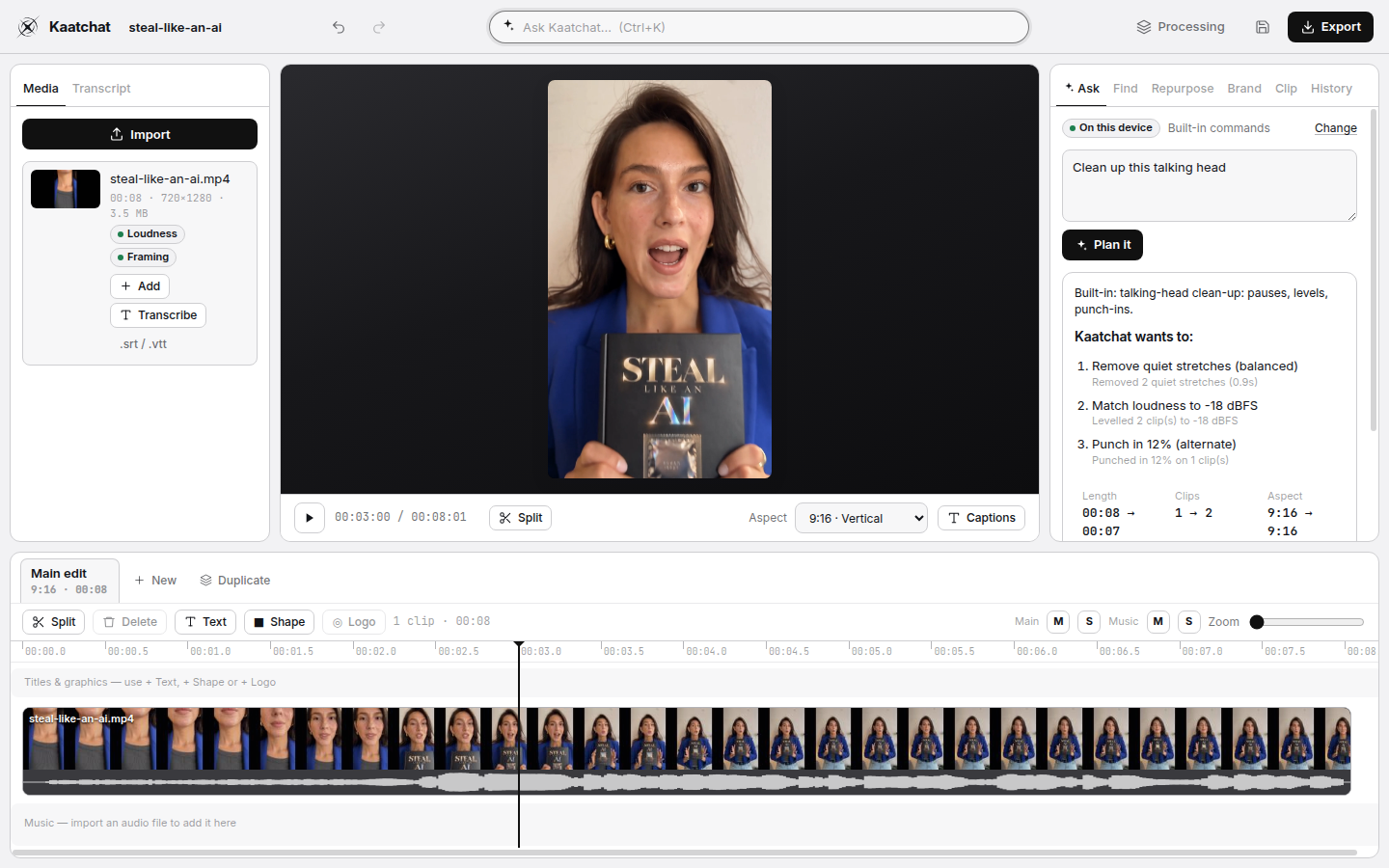 AI Studio showing the edit Kaatchat proposes, with before and after length, clips and aspect.