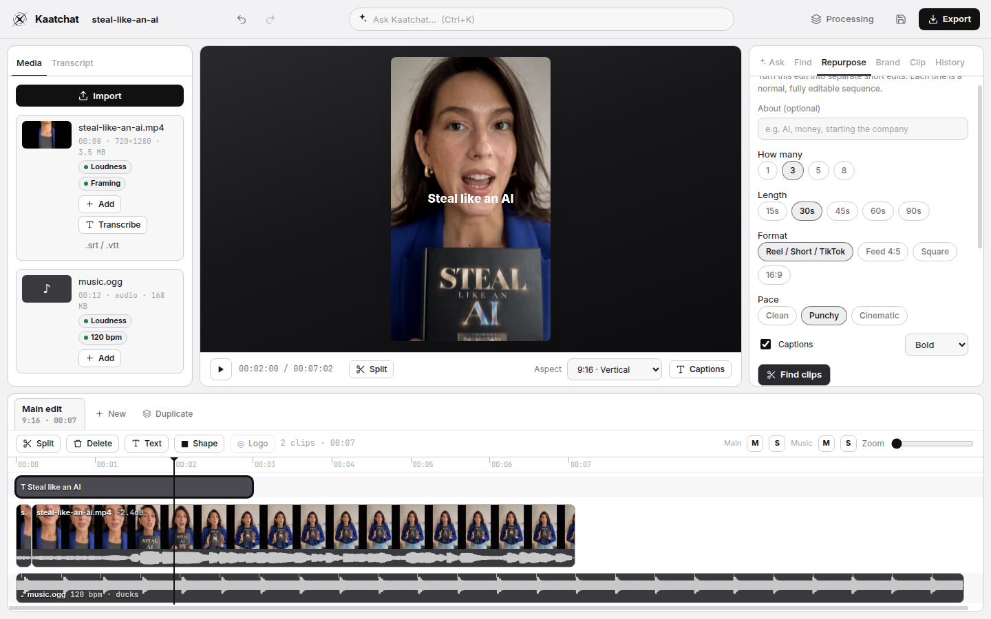 The Repurpose panel with clip count, length, format, pace and captions.